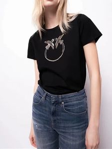 Kvinnors tshirt Kvinnor Crystal Birds Decoration Oneck T Shirt Lady Shortsleeved AllMatch Tee Tops 230323