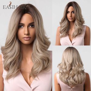 Synthetic Wigs Easihair Medium Length Wavy Synthetic Wigs Brown to Blonde Ombre Hair Middle Part for Black Women Cosplay Heat Resistant 230227