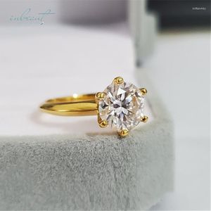 Кластерные кольца inbeaut 18k желтого золота покрыта 5 Ct круглым отрезом D Огромный проход Diamond Test Moissanite Made Wedding Ring для женщин.