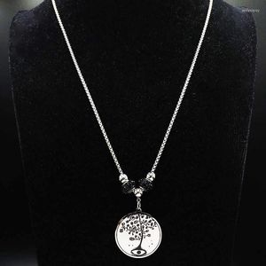 Pendant Necklaces Bead Stainless Steel Necklace Women Tree Of Life Eye Silver Color Long Jewerly Cadenas Mujer N19624S08