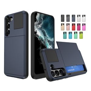 Slide Card Slot Wallet Cases Hybrid TPU PC Shockproof Dual Layer Back Cover For iPhone 14 13 12 11 Pro XR XS Max 8 Samsung S23 Ultra S22 Plus S21 S20 FE Note 10 20