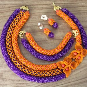Necklace Earrings Set 4UJewelry African Bridal 2023 Orange & Purple Beaded Flowers Jewellery Sets For Traditional Weddings