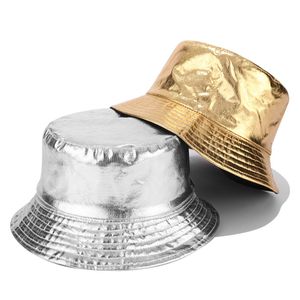 Mode Goldene PU-Leder Eimer Hüte Silber Unisex Reversible Fischer Hut für Liebhaber Wasserdichte Wander Caps HCS251