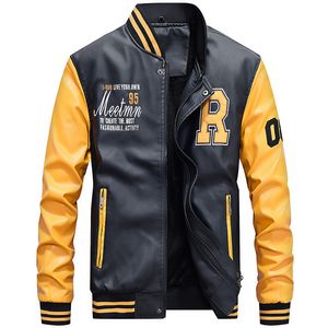 メンズジャケットフリースパイロットレザージャケットHombre Embroidery Baseball Jackets Men Letter Stand Collar Pu Leather Hip Hop Coats Plus Size 4XL 230323