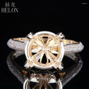 Cluster Rings HELON 10-11mm Round Cut Real 14K Yellow Gold 0.42ct Diamond Wedding Engagement Semi Mount Setting Ring Women Trendy Jewelry