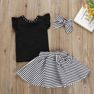 2023 Girls Striped Skirts Suits Pearl Solid Colors Ruffle Tops Kids Bow Elastic Skirts Toddler Striped Dresses Headbands Girls Outfits