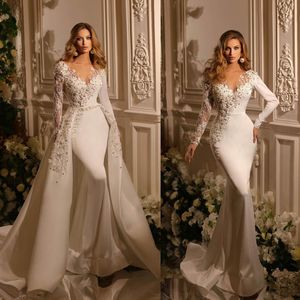 Stylish Pearls Wedding Dresses Satin Bridal Gown Custom Made with Overskirts Embroidery Lace Appliques Wedding Gowns