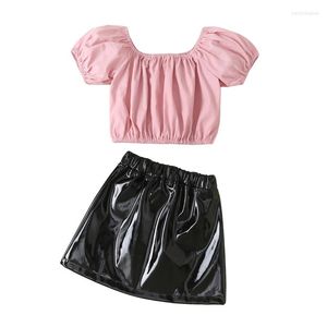 Clothing Sets Girls Outfit 2023 Summer Kids Pink Short Sleeve Off Shoulder Tops Black PU Leather Skirt Two Piece Clothes