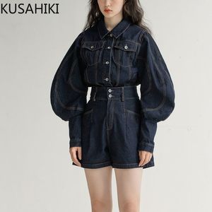 Damen Jumpsuits Strampler KUSAHIKI Puffärmel Demin Bluse Hemd Hohe Taille Shorts Sets Herbst Koreanische Mode Zweiteilige Outfits 230322