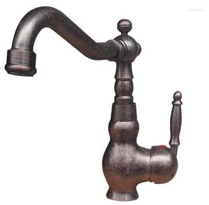 Badrumsvaskkranar Rom Red Antique Copper Deck Mounted Kitchen Basin kran Swivel Spout Mixer Tap Enkel hål ett handtag MNN021