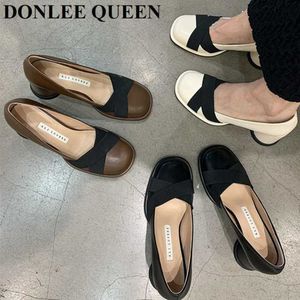 2023 Ny Spring French Style Retro Round Toe Pumpar Fashion Temperament Elegant Thick Heels Shoes Brand Mary Jane Slip On Loafers 230223