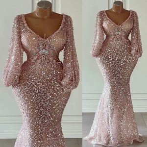 Prom Pink Dresses Long Sleeves Sequins V Neck Crystals Beaded Mermaid Floor Length Custom Made Ruched Evening Party Gowns Vestidos Formal Plus Size estidos