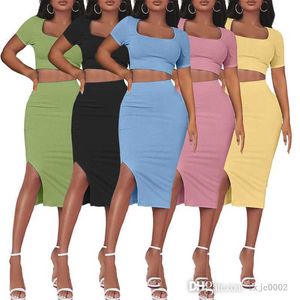 Slim Women Two Piece Dress Set New Spring Summer gängad fyrkantig hals SHORT SLEEVE CROP TOP OCH SPARA HALV KOT OUTFITS