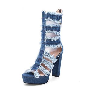 Kadın Ayakkabı Gladyatör Delik Denim Botlar Diz Yüksek Topuklu Platform Peep Toe Zipper Seksi Bayanlar Sandalet Zapatos de Mujer B423 230202