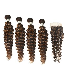 5 Pcs Peruvian Human Hair 4 Bundles With 4X4 Lace Closure Deep Wave Curly P4/27 Piano Color Yirubeauty 10-30inch