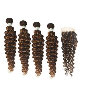 5 pz capelli umani peruviani 4 pacchi con chiusura in pizzo 4X4 onda profonda ricci P4/27 colore pianoforte Yirubeauty 10-30 pollici