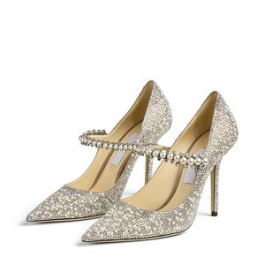 Moda kadın sandalet pompaları Londra Baily 100 mm İtalya Noktalı ayak parmağı inci kristal ayak bileği Sling Clastik Glitter Strass Stylist Gece Elbise Sandal Yüksek Topuklu Kox Eu 35-42