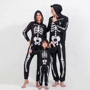 Aile Eşleşen Kıyafetler Cadılar Bayramı Korkunç İskelet Kostümü Yetişkin Çocuklar İçin Korku Korku Kafatası Tulum Karnaval Partisi Hodded Ebeveyn Çocuk Pijama 230323