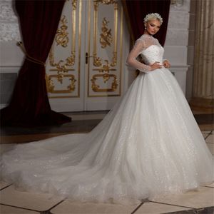 Gorgeous Ball Gown Wedding Dresses High-neck Sequins Long Sleeves Pearls Backless Zipper Court Gown Pleats Custom Made Bridal Gown Plus Size Vestidos De Novia