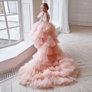 Abiti da ragazza Baby rosa alto a basso fiore a strati a più ginnastica tulle Vestidos de Fiesta Para Bodas abiti da compleanno per il matrimonio