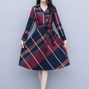 Casual Dresses Fashion Women Rands Plaid Shirt Dress Ladies Casual Slim Long Sleeve Chiffon Bandage Tunic Dress Elegant Kne Length Dress 230323