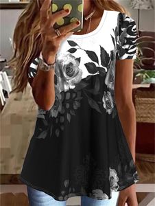 Women's TShirt Elegant Flower Print O Neck Pullover Top's Loose Casual Street Short Sleeve Female Summer Daily Tees 23 230323