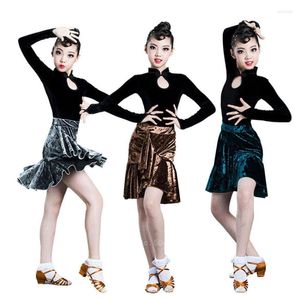 Stage Wear 120-170 Ragazze adolescenti Costumi di danza latina Velluto Elegante Top a maniche lunghe Gonna con volant Set Performance di abiti