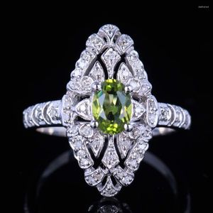 Cluster Rings Helon 1.1ct verklig naturlig peridot diamant kvinnliga förlovningsring 925 sterling silver vintage 7x5mm oval