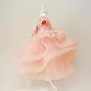 Flicka klänningar tyll pärlor bågar boll klänning magiska prinsessan blixtlås o-hals rosa kjol porträtt applikation organza elastisk nät