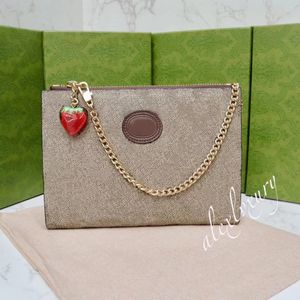 726250 Women Designer Clutch Bags Double G Strawberry Hanging Ornament Wrist Bag With Gold Chain Beige Ebony Canvas Wallets Classic Purses
