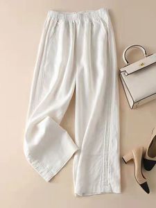 Spodnie damskie Capris Zoki Summer Linen Spodnie Elastyczne wysoką talię w stylu koreański stały kolor swobodny kieszeń proste spodnie Białe cienkie spodnie 230323