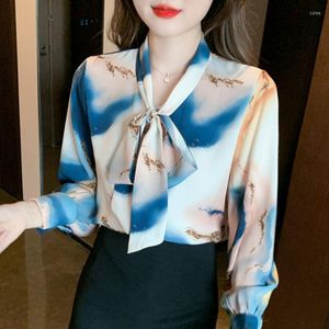 Women's Blouses Blue Print Bow Tie Chiffon Blouse Spring Summer Fashion Shirt For Female 2023 Korean Elegant Long Sleeve OL Style Casual
