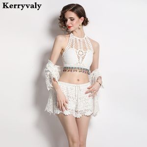 Women's Two Piece Pants Summer Sexy Beach Hollowout Sunscreen Cardigan Mesh Hand Hook Bra Vest Highwaist White Lace Shorts 3 Pcs Set Women K3111 230322