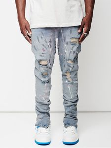 Calça jeans de jeans homens jeans Man Paint Slim Fit Cotton Ripped calça jeans joelho Hollow Out Light Blue Jeans For Men Streetwear 230323