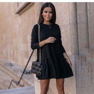 Casual Dresses Mini Dress Women Autumn Winter Fashion Casual O-Neck Black Dress Elegant Long Sleeve Loose Ruffles Blue Dresses For Femme 230323