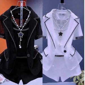 Women s Two Piece Pants Summer High end Fashion Outfits And Suit Collar Short Sleeve Solid Coat Pop Shorts Set Women Clothing 230322