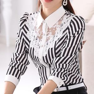 Women's Blouses Korean Fashion Lace Patchwork Long Sleeve Blouse Spring Office Lady Lapel Single Breasted Oversized Stripe OL Slim Women