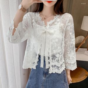 Women's Blouses TingYiLi Beaded-Neck Tie-Front Embroidery Lace Cardigan Women Summer Sheer Bolero Jacket Korean Style Ladies Beige White