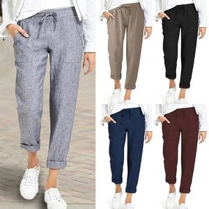 Kvinnors byxor capris mode bomullslinne harem byxor kvinnor sommar lös hög midja elastisk fotledslängd byxor solid ficka 5xl lady casual byxor 230323