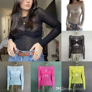 2023 Spring Summer Womens Mesh T Shirt Hollow Out Sexy Light Perspective One Neck T-shirt Crop Tops Tees For Ladies