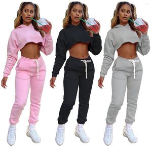 Women's Two Piece Pants Casual Sports Pieces Outfits Women Tracksuits Solid Color Long Sleeve Hoodies Crop Top Joggers Female Streetwear