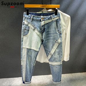 Mens Jeans Supzoom Arrival Top Fashion Autumn Zipper Fly Stoashed Casual Patchwork Cargo Denim Pockets Cotton Men 230322