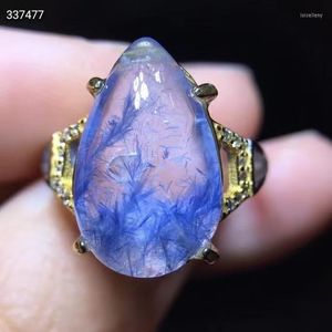 クラスターリング天然青dumortierite rutilated Quartz調整可能リング17/11mmクリスタルシルバーウーマンメンジュエリー