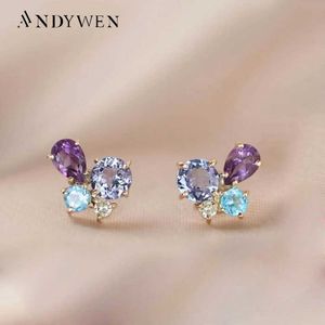 Charm Andywen 925 Sterling Silver Gold Luxury Zircon Purple Blue Zircon Stud Earring Piercing Women Wedding Jewelry for Luxury Jewels Z0323