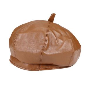 Berets Autumn Winter PU Leather For Women Retro Vintage Ladies Octagonal Hat Caps Stewardess Black Coffee Artist HatsBerets