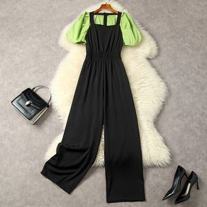 2023 Summer Black Green Pannel Suitsuits Contrast Color Short Short Square Neck Long Elastic Waist Rompers 3M222302