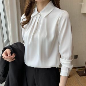 Kvinnors blusar Vit långärmad blus Silk Chiffon Shirt Autumn 2023 Fashion Elegant Mujer Tops Ladies Drop Blusas Button 1291