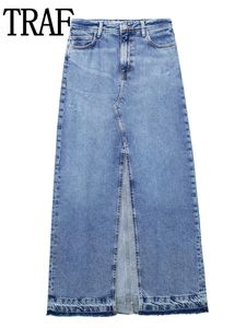 Women's High Waist Denim Midi Skirt, Blue Faded Slit Maxi Skirt for Spring 2023