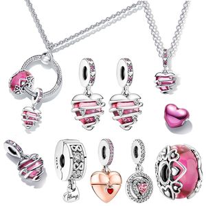 Den nya populära 925 Sterling Silver -Intertwined Love Pink Heart Suspension Charm är lämplig för Pandora Original Armband och halsbandsmycken