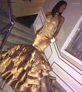 Party Dresses Gold Color Prom 2023 African Black Girls Mermaid Halter Neck Holidays Graduation Wear Evening Gowns Plus Size